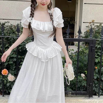 Бяло чаено прекрасно френско винтажное принцеса рокля 2023, лятно нова бяла рокля с къс ръкав и квадратни деколтета Изображение
