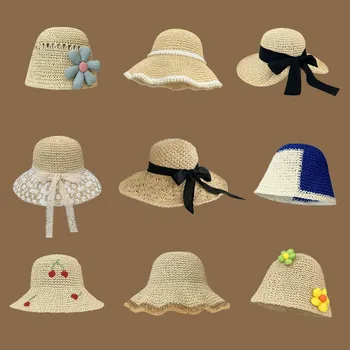 Корейската сламена шапка ръчна изработка за жени, японската малка прясна шапка с чадър за пролетните и летните разходки, солнцезащитная шапка Изображение