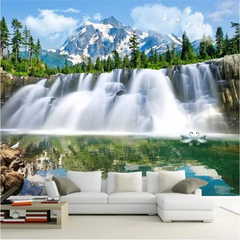 тапети по поръчка beibehang 3D стенописи под заснежените върхове на пролетта на водопада водата фона на дивана в хола тапети Изображение