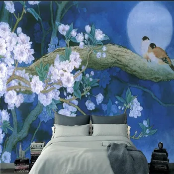 beibehang Висококачествени фотообои на поръчка 3D стерео новата китайска синя ръчно рисувани цветя птица на задната стена на телевизора в хола Изображение