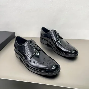 2023 Нови Издълбани мъжки Кожени обувки от висок клас в бизнес стил с дебели Подметки и с ръб от телешка кожа, обувки за сватба Изображение