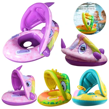 Детско надувное седалка за плуване с навес за детски басейна, баня, бебешка кръг за плуване на летните водни игри, детски играчки Изображение