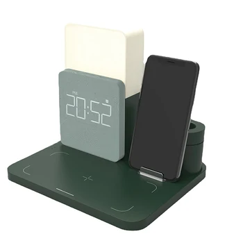 Настолни led часовници-лека нощ 6 в 1, мобилен телефон е 15 W, Qi Бързо зареждане на притежателя на безжично зарядно устройство, зарядно устройство Изображение