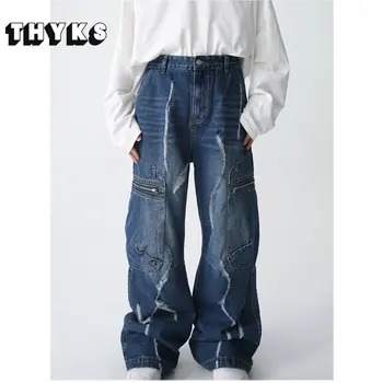 Пролет 2023 г., мъжки черни дънки с много джобове, прави широки дънкови панталони в стил хип-хоп, мъжки панталони-карго Y2k, градинска облекло Изображение