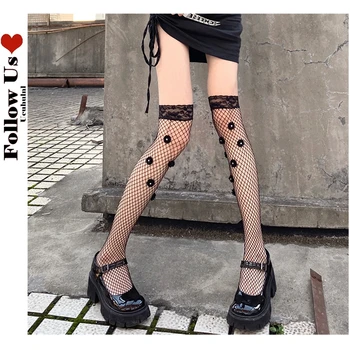 Готически Тъмно Топли Чорапи като рибарска мрежа с кристали в японски стил Харадзюку, Секси Бельо, Цветя Лолита