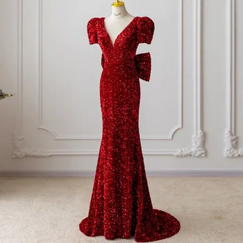 Прекрасни вечерни рокли с червени пайети, V-образно деколте, голям лък, сгъване, дълго банкет рокля на Русалка, женски тънки вечерни рокли Изображение