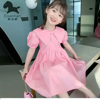 новост 2023 г., сезон пролет-лято, ежедневни памучни рокли с отложным яка за малки момичета, детски дрехи Изображение