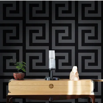 Тапет с геометричен модел, Черно, Сиво, Луксозен сатен ефект, Тапети с най-голям гръцки ключ, на фона на декор за хола Изображение