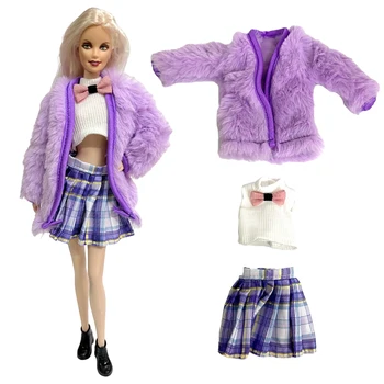 NK 3 предмет в комплект лилава зимата меховое палто + бели потници + лилава пола, ежедневни облекла, дрехи за Барби кукли 1/6, аксесоари, играчки Изображение
