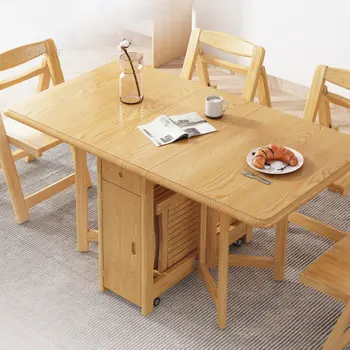 Сгъваеми маси в скандинавски стил, японски Просто домашен маса за хранене и столове, разтегателен маса от масивно дърво за трапезария мебели Изображение