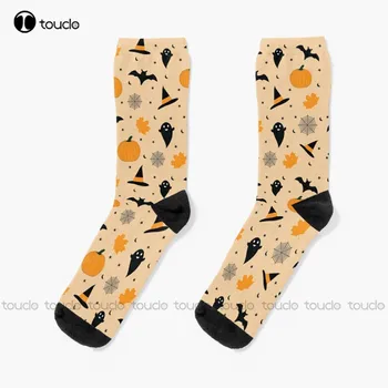 Сладки модели на Хелоуин Оранжева тиква Призрак и прилепи Оранжево пастел чорапи за Хелоуин Чорапи за Хелоуин за момичета Нови популярни Изображение