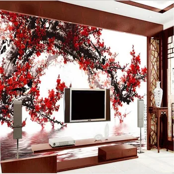 wellyu Поръчка мащабни стенописи, отражение на цветове на слива, чар Самууме, TV-фон, нетъкан тапет Изображение