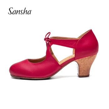 Sansha Professional Герой фламенко, чрез шнурове на средно висок ток 6 см за жени, дамски черни, червени танцови обувки с пирсингом FL29L Изображение