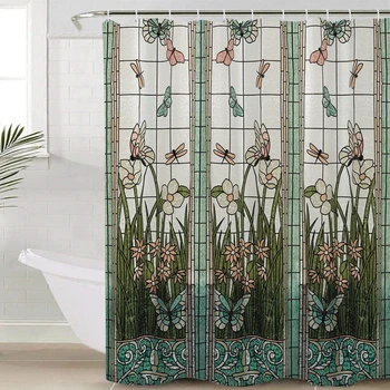 Водоустойчива душ Завеса за душ, витражное стъкло, Поляна цвете, водни Кончета, полиестерен плат, завеса за баня, душ завеса за душа в банята на дома на хотела Изображение