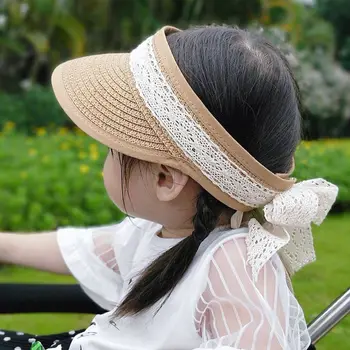 Детска сламена шапка в корейски стил свързани с лък, слънчеви шапки с празни езда за деца, плажен козирка за момичета, солнцезащитная шапка Изображение