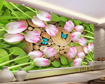 Лалетата са Цветя от Дърво Творчески купчина дървен 3D TV фон Декорация на стените Живопис Фотообои по Поръчка за хола Изображение
