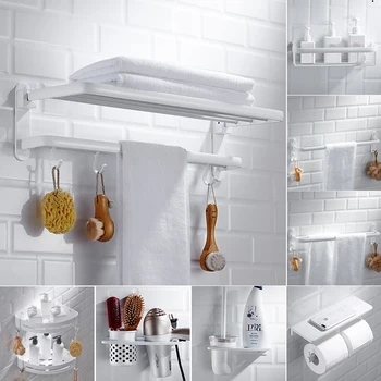 Алуминиева закачалка за хавлии в скандинавски стил, бяла полк за вана, душ, държач за тоалетна четка с тавата, определени суспензии за баня set de bano Изображение