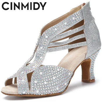 Танцови обувки с кристали CINMIDY, дамски обувки за балните танци, обувки за салса и латино танци, модерни обувки за партита подметка Изображение