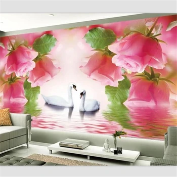 Тапети beibehang по поръчка, рисувани стенни тапети за хола и спалнята, романтична лебед, розова роза, на фона на телевизор, декоративна живопис стени Изображение
