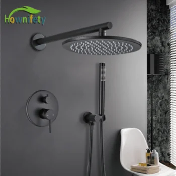 Черно ултра тънък или дебел смесител за душ с кръгла глава, 2-лентов смесител за баня, монтиран на стената или на тавана дъжд душове Изображение