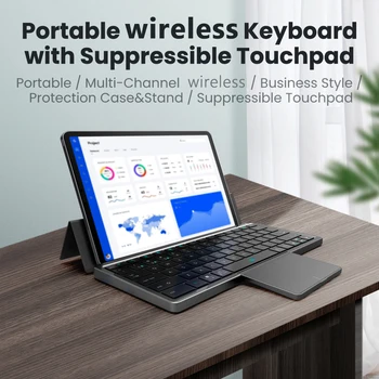 Безжична клавиатура с 78 бутони, съвместима с Bluetooth, цифрова клавиатура с голям сензорен панел, прахоустойчив, калъф от изкуствена кожа за Windows Android Изображение
