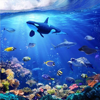 beibehang Синьо свят на морското дъно делфин 3D стереотаксический фон рисувани стенни пол създаване на големи тапети за стени Изображение