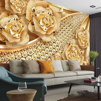 Луксозна златна голяма стенни картини, европейски 3D стерео бижута с диаманти и цветове, тапети за хол, спалня, самозалепващи се тапети по поръчка Изображение
