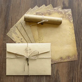 Ретро Ретро комплект бележник за писма в крафт-плик, в стила на Стара Европа, Пликове за любовни писма, Покани, Пликове, писане хартия с Въже Изображение
