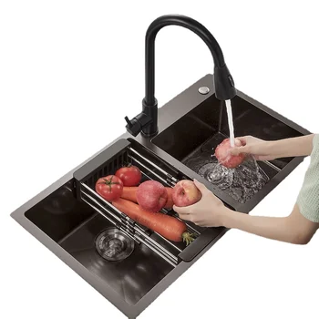 Кухненска мивка за измиване на зеленчуци от неръждаема стомана 304, черна удебелена нано-мивка за миене на съдове, мивка за измиване на зеленчуци, Изображение