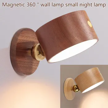 USB Дървен стенен лампа Настолна лампа с докосване на затъмняване на led нощна светлина Въртящ се на 360 ° за защита на очите, С магнитен малка странична лампа Изображение