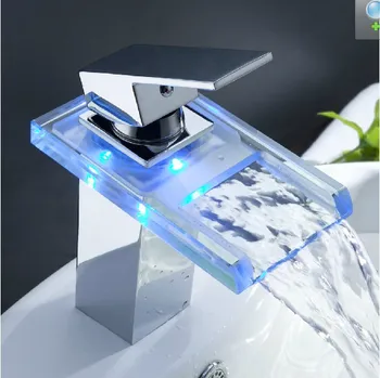 Висококачествен led батерия за мивка, Месинг Водопад, Промяна в температурата, цвят, смесител за баня, стъклени батерии за мивка, инсталирани на бортике Изображение