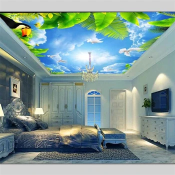 wellyu papel de parede para quarto Тапети по поръчка HD синьо небе, бели облаци гълъби зелени листа фрески по тавана Изображение