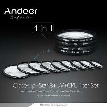 Andoer 52-57 mm UV + CPL + Близък план + 4 + Звезден 8-Точков Филтър за Кръгъл Филтър Комплект за Nikon, Canon, Pentax, Sony DSLR Филтър на Обектива на Камерата Изображение