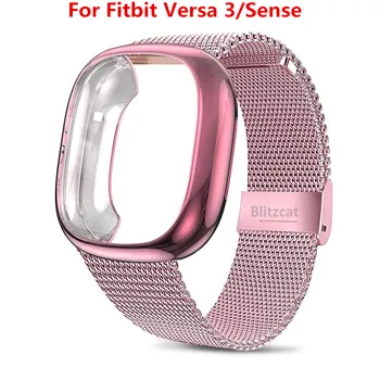Каишка Fitbit Versa 2 3 Band Sense Lite С Защитно Фолио За Екрана, Калъф От TPU, Броня, Метална Гривна За Часа Versa, Аксесоари за Каишка За Изображение