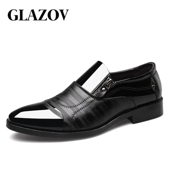 Класически бизнес мъжки модел обувки GLAZOV Brand мода, елегантни и официални сватбени обувки, мъжки офис oxfords без закопчалка за мъже Изображение
