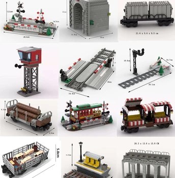 Железопътния прелез, модел на вагон на влака, строителни блокове, повдигаща се платформа, влак, жп коридор, тухли, играчки, детски подарък Изображение