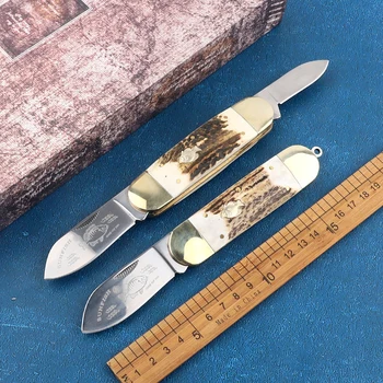 Сгъваема малка писия многофункционален 4116 острието месингови рога дръжка открит на къмпинг, лов и риболов EDC нож за плодове Изображение