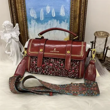 Луксозни вино-червени чанти с диаманти Cambridge, кожена дамска чанта 2023, нови подобрени чанти за едно рамо Изображение