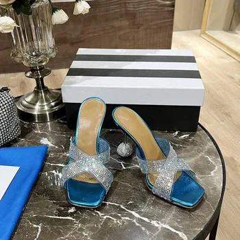 Вечерни дамски летни чехли с декорация във формата на кристал пеперуда, чехли за баня от PVC с отворени пръсти, вечерни сватбени чехли на висок ток, марка дамски обувки Изображение
