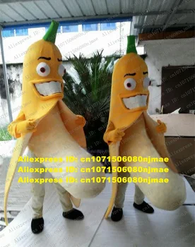 Забавен Жълт Банан Banannas Pisang Талисман Костюм Мультяшного Характер Mascotte Зелена Лента Бели Зъби Сиви Панталони ZZ1186 FS Изображение