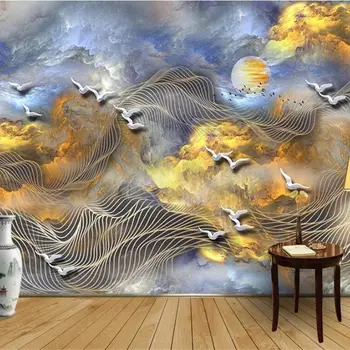 Потребителски тапети 3d стенопис нови китайски благоприятни облак абстрактни линии лети птици златен дракон предлага за фон на стената тапет Изображение