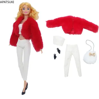 Червено палто от изкуствена кожа, яке, комплект дрехи за кукли Барби, топ, панталони, сандали, обувки, чанта, аксесоари за кукли, детски играчки, 1: 6 Изображение