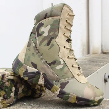 Камуфлаж Корк Високо Военни Тактически Обувки Desert Джунглата Мъжете Открит Катерене, Лов Дишащи Армейските Фенове На Бойни Обувки Изображение