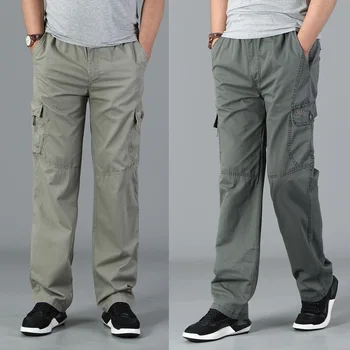 Мъжки свободни панталони с еластичен ластик на талията голям размер, мъжки спортни панталони за катерене, къмпинг, дишащи прави панталони-карго с множество джобове Изображение