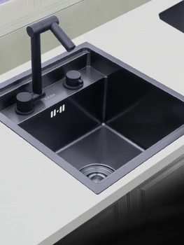 черна скрита кухненска мивка с една чаша, мивка с малък размер, балконная мивка от неръждаема стомана, скрита черна кухненска мивка, мивка Изображение