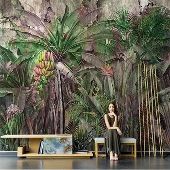 beibehang Потребителски тапети във формата на бананови листа, хол, тропически гори, растителен фон, стенопис, Начало декор, 3D фотообои Изображение