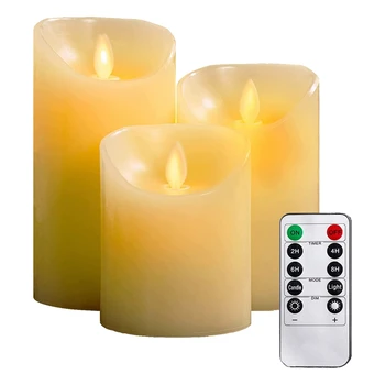 Комплект от 3 беспламенных свещи 4 инча, 5 см, 6 см, бял с дистанционно управление реалистично танци led пламък Изображение