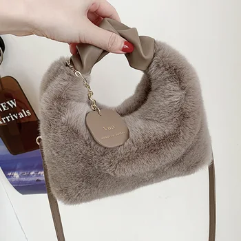 Модни дамски плюшени чанти, нови зимни пухкави дизайнерски чанти, портфейли, дамски чанти през рамо, кожа ежедневна чанта-месинджър за момичета Изображение