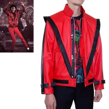Червени кожени палта, костюми на Майкъл Джексън за cosplay, MJ Thriller, MTV, бяла яке, дрехи за парти на сцената Изображение