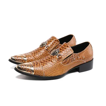Мъжки модел обувки от естествена кожа, с метална бомбе, жълти луксозни сватбени обувки за булката, мъжки луксозни oxfords в италиански стил, голям размер на 47 Изображение